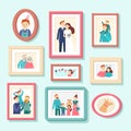 Family members portraits. Wedding photo in frame, couple portrait. Smiling husband, wife and kids photos in frames vector Royalty Free Stock Photo