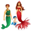 Family of mermaids, mother, father and child
