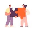 Family metaphor. Couple collect puzzle pieces, jigsaw elements. Woman man friendship, relationship or collaboration