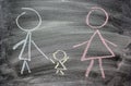 Mom, dad and child drawn in chalk on black slate as symbol of family love