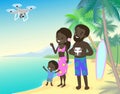 Family mom dad and children kid boy on vacation seashore ocean sea with quadcopter drone african indian brown skin