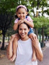 Family, mom and kid in portrait, outdoor in park and fun day in nature with love, care and happy people together. Girl Royalty Free Stock Photo