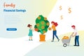 Family money savings concept. Mother, father and kid gardening, harvest and collect gold coins from money tree. Financial savings
