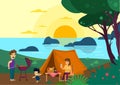 Family month concept illustration Happy family enjoys camping in the forest. Father`s Roast Beef. Mother drinks juice, son runs