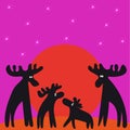 The family of moose at sunset looking at the stars