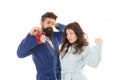 Family morning. Perfect morning concept. Family woke up on time. Couple in love young family in bathrobes stand isolated Royalty Free Stock Photo