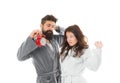 Family morning. Perfect morning concept. Family woke up on time. Couple in love young family in bathrobes stand isolated Royalty Free Stock Photo