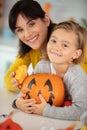 family mother and child daughter getting ready for halloween Royalty Free Stock Photo