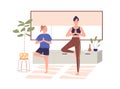 Family, mother and child, doing physical exercises at home. Healthy woman and girl practicing yoga, sport indoors. Mom Royalty Free Stock Photo