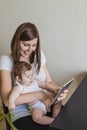 The family of a mother and child with an electronic tablet