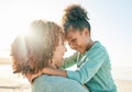 Family, mother and child hug at beach, travel and summer with sunshine lens flare and together outdoor. Trust, support Royalty Free Stock Photo