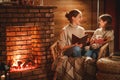 Family mother and child reading book and drink tea on winter evening by fireplace Royalty Free Stock Photo