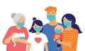 Family, mother, father, baby and a girl wearing medical masks during Coronavirus. Covid-19 concept. Self isolation