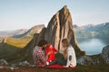 Family mother and father with baby travel camping in mountains Royalty Free Stock Photo