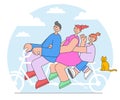 The family rides on tandem bicycle