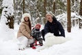 Family of mother, father and son having fun in snowy winter wood with cheerfull pet dog. Royalty Free Stock Photo