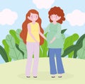 Family mother and pregnant woman outdoors cartoon character