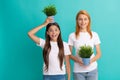 Family of mother and surprised girl child holding pot plant on head to grow taller, growing