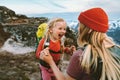 Family Mother traveling with daughter child having fun outdoor hiking together happy emotions active vacations Royalty Free Stock Photo