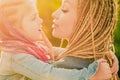 Family and motherhood concept. Mother and child girl playing kissing and hugging. Little daughter hugging her happy Royalty Free Stock Photo