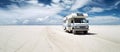 Family motorhome on the background of the road. Banner, travel concept. Tourist trip generative ai