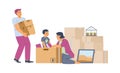 Family moving new house and packing boxes flat vector illustration isolated. Royalty Free Stock Photo