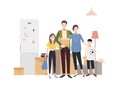 Family moving into a new house with things. Cartoon illustration in flat style. Royalty Free Stock Photo