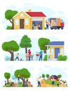 Family moving to countryside house, set of lifestyle scenes vector illustration Royalty Free Stock Photo