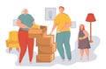 Family moving to a new house or apartment. Mother, father, doughter packing their stuff in cardboard boxes. Family