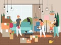 Family moving to new house, vector illustration. People pack things, belongings in cardboard boxes. Home relocation. Royalty Free Stock Photo