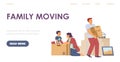 Family moving web page with cartoon characters, flat vector illustration. Royalty Free Stock Photo