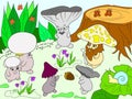 Family of mushrooms in the forest color book for children cartoon illustration.