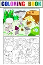 Family of mushrooms in the forest coloring book for children cartoon illustration. White, black and color