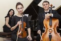 Family music trio. A young violinist and cellist play, the pianist accompanies them Royalty Free Stock Photo