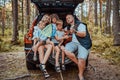 Family of musicians going to fishing in american forest Royalty Free Stock Photo