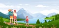 Family in nature adventure, cartoon happy hikers people enjoy natural scenery with mountain lake