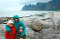 Family near summer Senja coast (Jagged Ersfjord, Norway, polar d