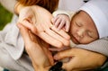 Family and new born baby, parents holding newborn child. Royalty Free Stock Photo