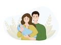 Family with a newborn child. A woman`s mother holds a small child in her arms, a man`s father holds them firmly. Concept of mother