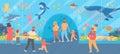 Family in oceanarium. Parents and kids look at big glass aquarium with ocean fish and sea animals. Underwater zoo excursion vector