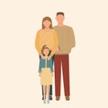 Family with one child. Parents and daughter are standing. Full-length figures. Royalty Free Stock Photo