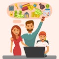 Family online banking with laptop vector illustration. Money finance currency transfer transactions, paying or buying