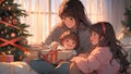 Family opening christmas gifts in a cozy home - Generative AI Royalty Free Stock Photo