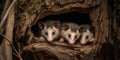 A family of opossums sleeping upside down in a tree hollow, concept of Nocturnal Animals, created with Generative AI