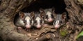 A family of opossums sleeping upside down in a tree hollow, concept of Nocturnal Animals, created with Generative AI