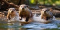 A family of otters slide down a riverbank, their gleeful squeaks echoing through the air as they plunge into the cool