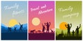 Family outdoor activities, travel and camping. Set of postcards with landscape, parents and child on vacation in nature.