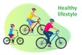 Family outdoor activity. Happy family concept. Healthy Lifestyle Outdoor. Bicycle isometric people.