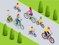 Family outdoor activity. Happy family concept. Healthy Lifestyle Outdoor. Bicycle isometric people. Royalty Free Stock Photo