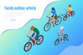 Family outdoor activity. Happy family concept. Healthy Lifestyle Outdoor. Bicycle isometric people. Royalty Free Stock Photo